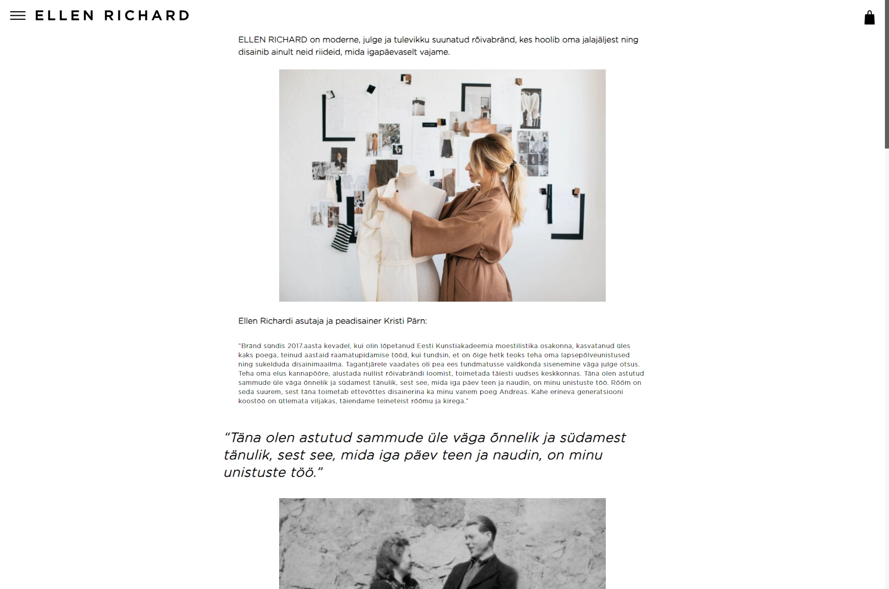 About Ellen Richard page, detailing the brand's story, values, and mission to provide high-quality fashion. Screenshot by SA.