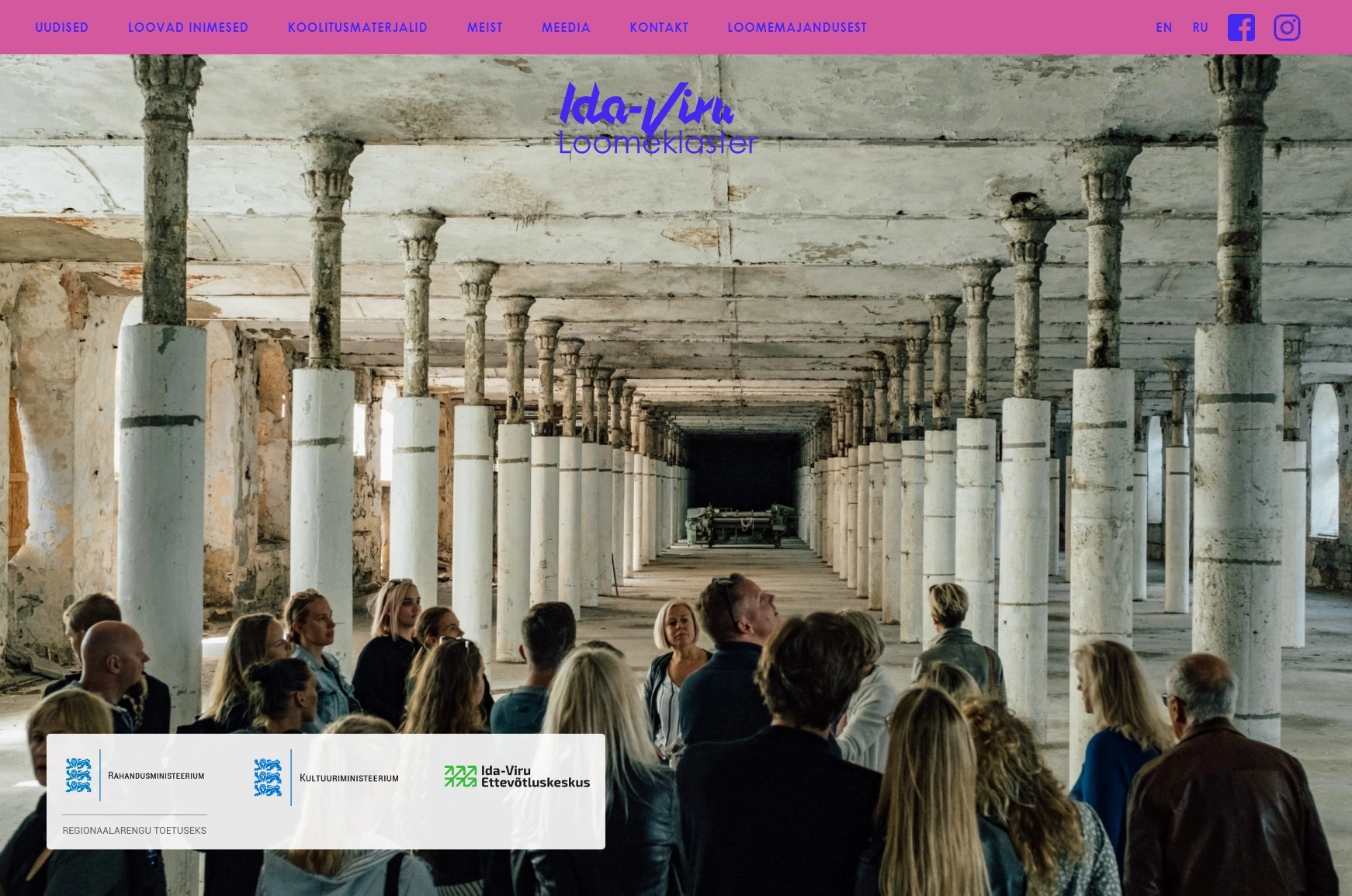Ida-Viru Loomeklaster homepage, highlighting the main visual design and introductory content. Screenshot by SA.