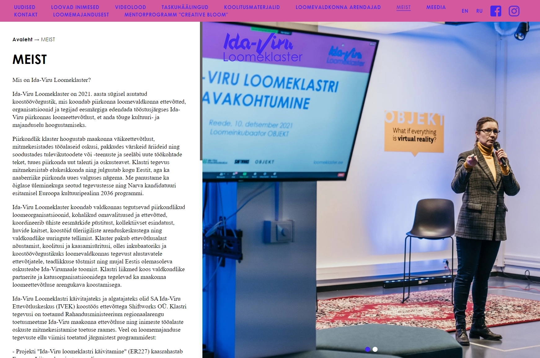 Ida-Viru Loomeklaster About page, featuring descriptive text about the organization and an accompanying image. Screenshot by SA.