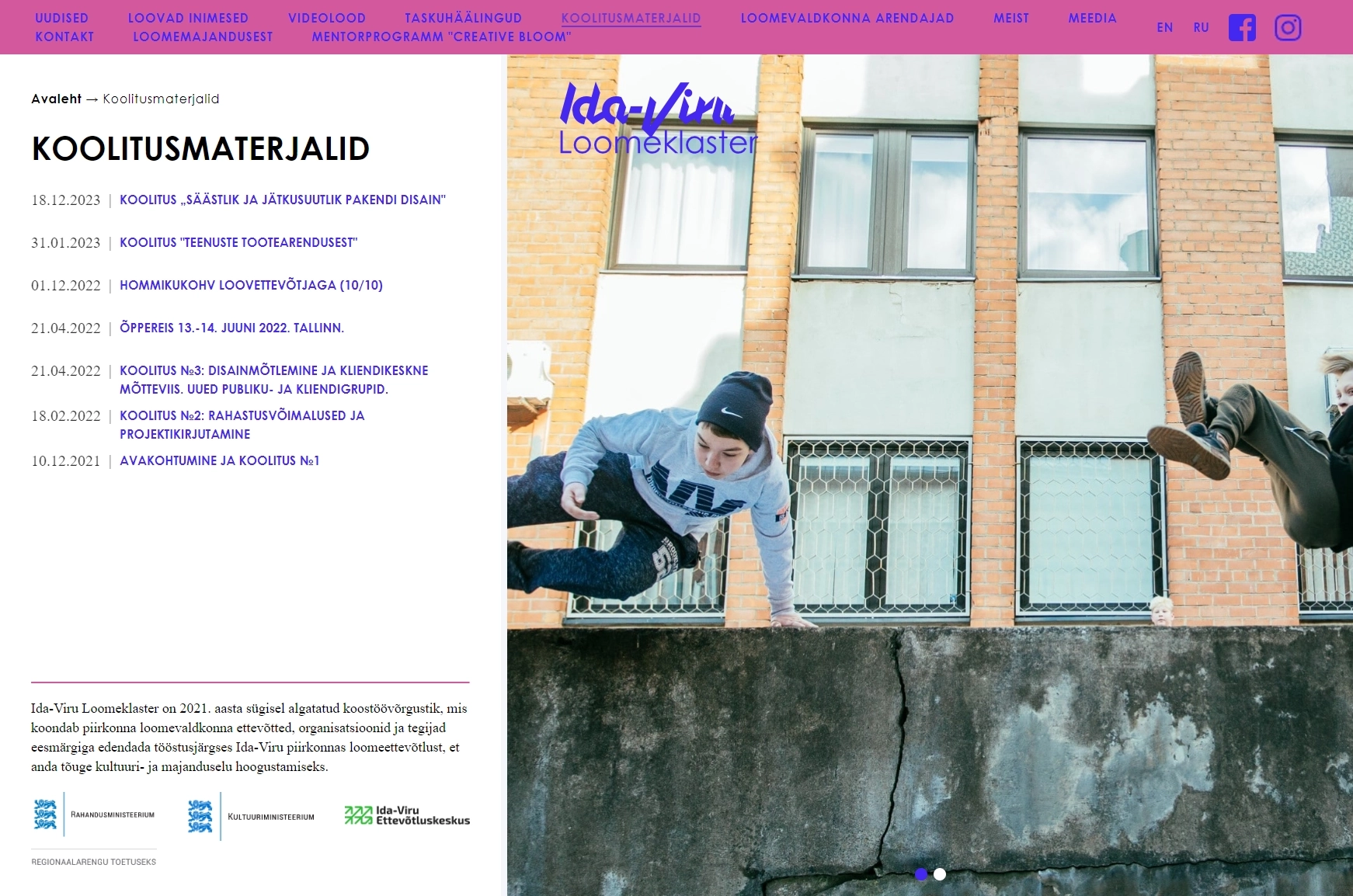 Ida-Viru Loomeklaster Materials page, displaying text and an image. Screenshot by SA.