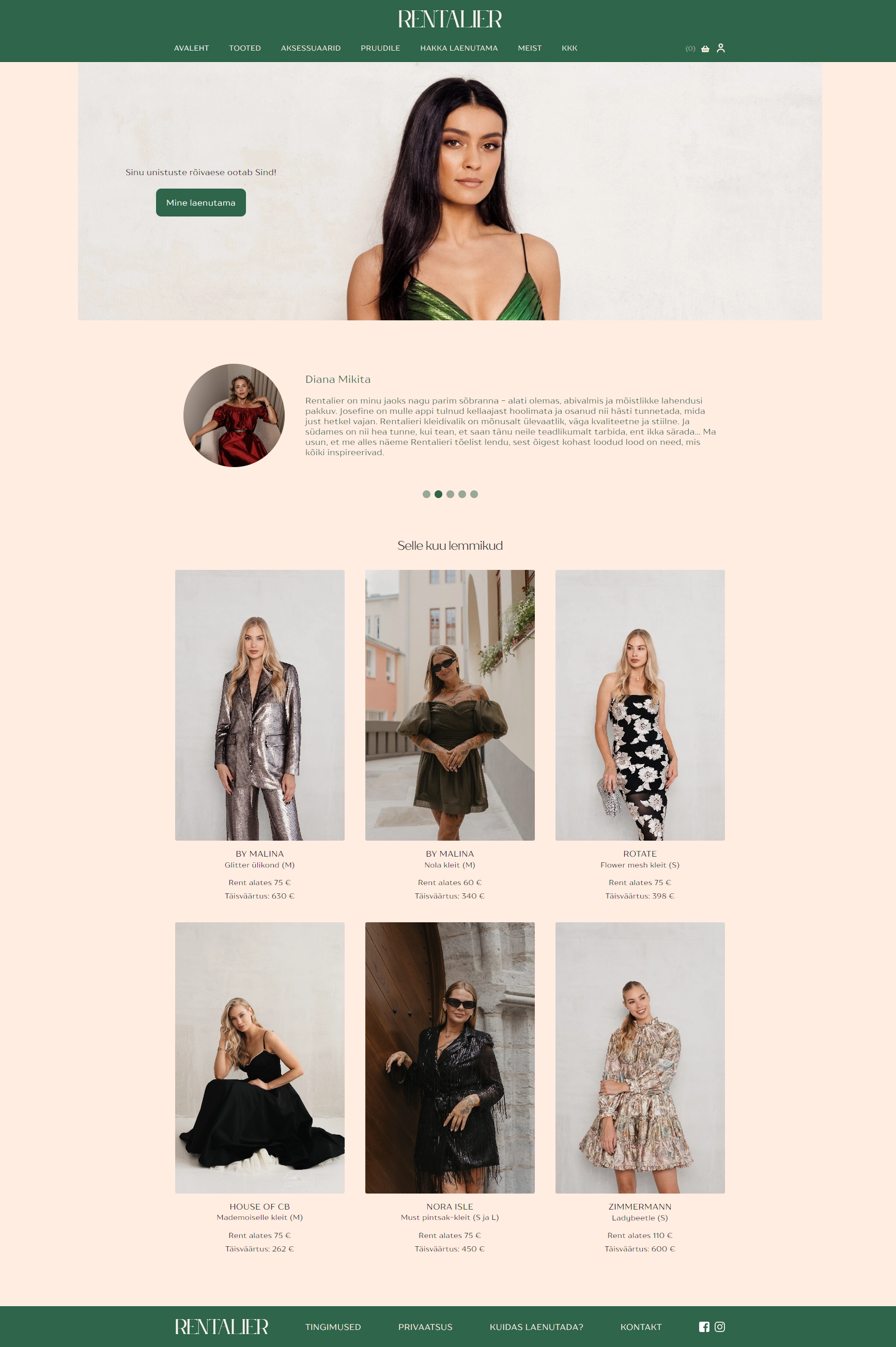 Rentalier homepage showcasing a clean design with sustainable fashion messaging and navigation options for browsing designer dresses. Screenshot by SA.